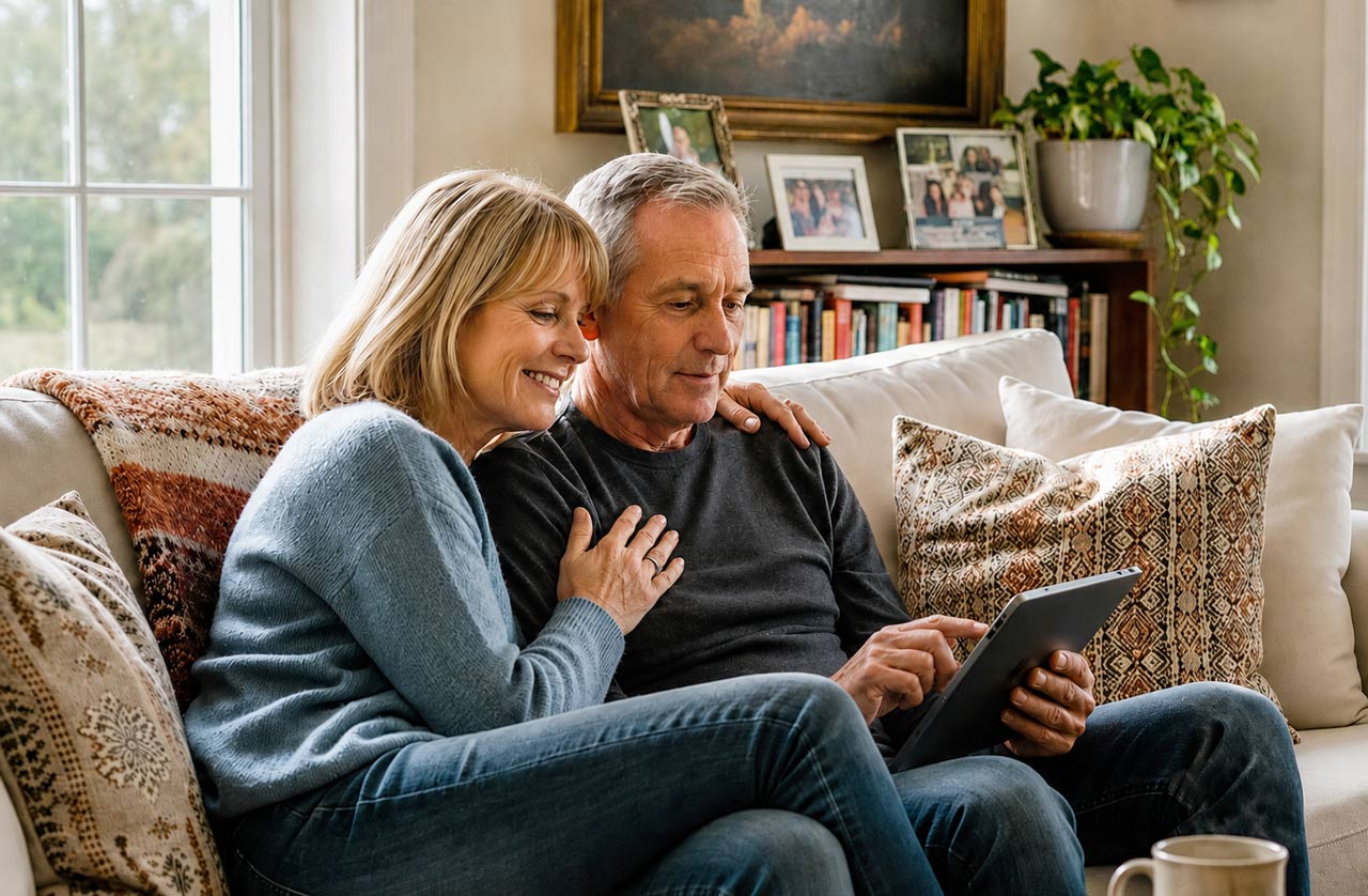 Mature couple cozy moment on couch