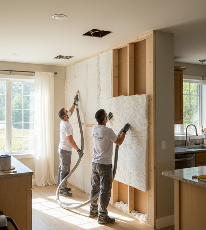Two installers place insulation in walls